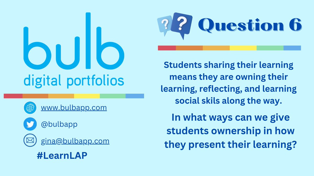 bulbapp's tweet image. Q6: In what ways can we give students ownership in how they present their learning? #LearnLAP

#TechLAP #GiftedEDU #tlap #educators #gtchat #txed #nt2v #elemchat #leadership #CrazyPLN #FutureEdChat #LeaderEdChat #t2tchat #digitalportfolios #CTE