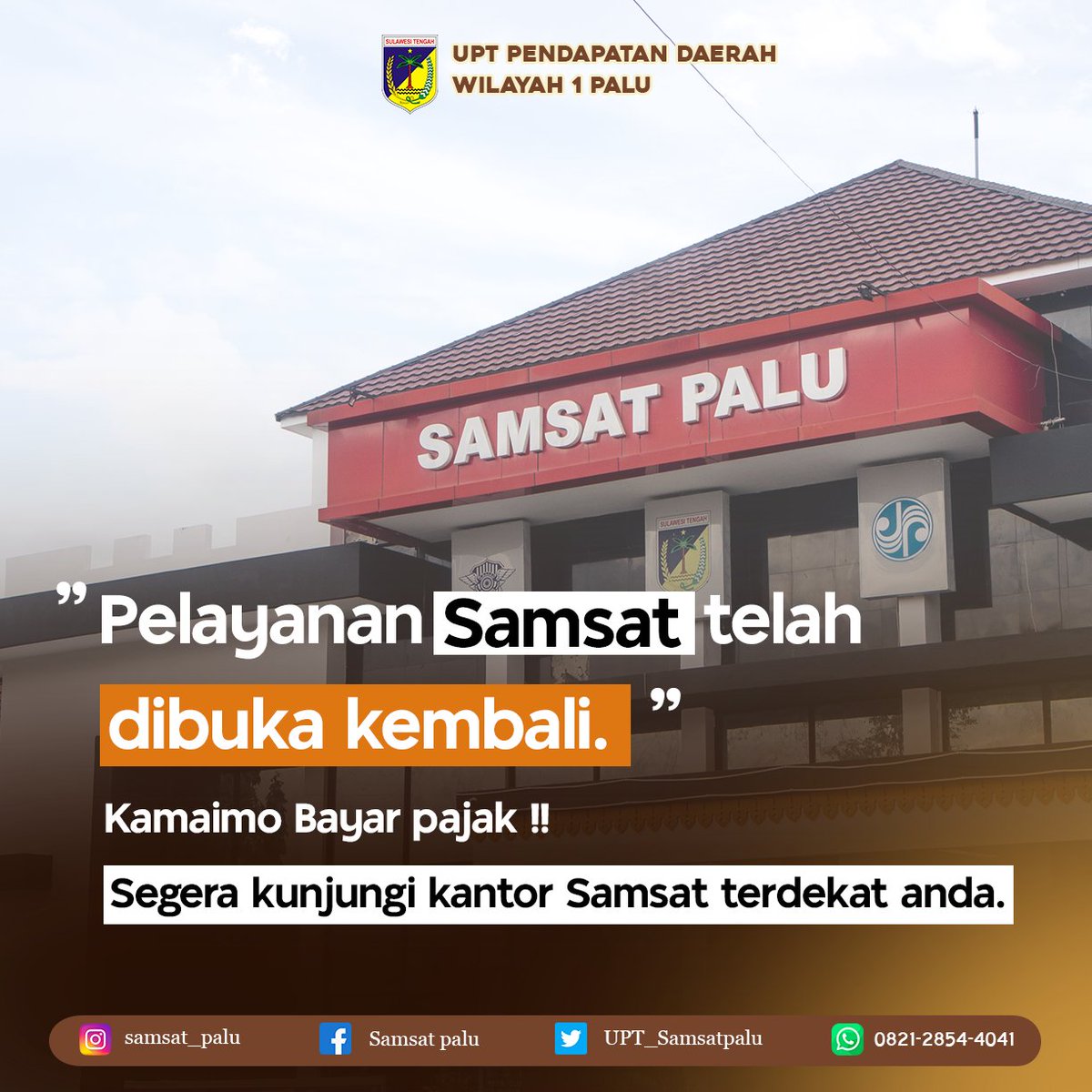 Hai Warga Palu..!!
Bagaimana weekendnya kamu orang? PASTI SERU ..

kamu orang yang belum sempat bayar pajak dari hari-hari kemarin, Kamaimo bayar pajak.

Pelayanan Samsat So Buka ini hari leh ..

Hari ini Buka dari jam 08.00 - 14.00 WITA

Pelan - Pelan bawa kendaraan