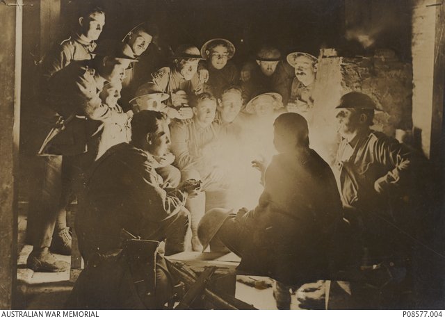 Members of the 1st Australian Light Trench Mortar Battery, 1st Australian Division around a fire or possibly a kerosene lamp in a dugout billet at Ypres.

#WW1 #WWI #worldwarone
#military #veterans
#militaryhistory #anzacspirit
#adf #warhistory