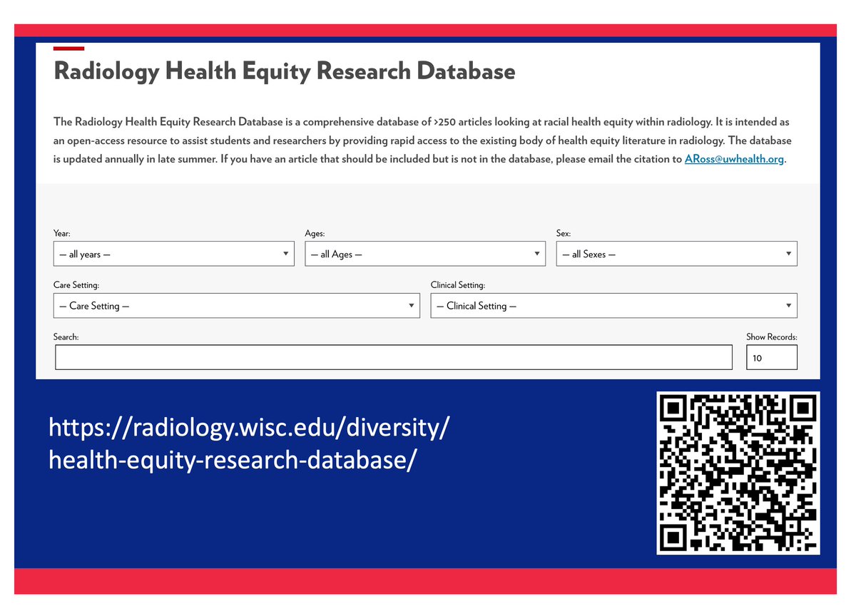 Drew Ross (@drewrossmd) on Twitter photo #HealthEquity researchers and students! If you're looking for quick access to the existing literature on health equity in radiology, you'll find it in our searchable database hosted on the <a href="/UWiscRadiology/">UW Radiology</a> website!
Take a look! 👇👇👇 #HealthEquity researchers and students! If you're looking for quick access to the existing literature on health equity in radiology, you'll find it in our searchable database hosted on the <a href="/UWiscRadiology/">UW Radiology</a> website!
Take a look! 👇👇👇