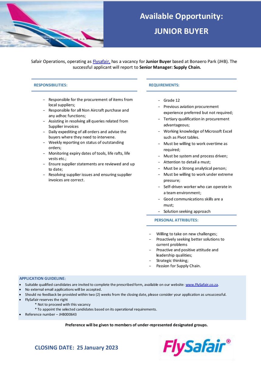 Approved Jobs SA on Twitter "Safair Operations, operating as Flysafair