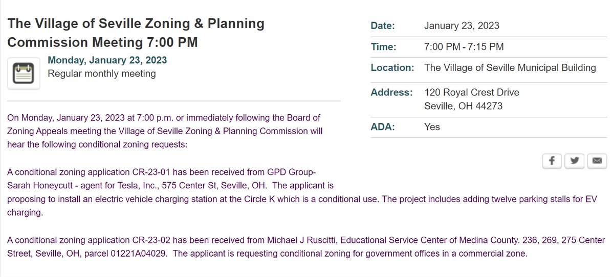 MarcoRPi1's tweet photo. A new Supercharger is coming soon to Seville, Ohio!!

Tonight, the Village's Zoning &amp; Planning Commission is holding a meeting, in which they will be considering an application for 12 stalls at the Circle K off I-76.

If anyone wants to attend the meeting, it starts in 5 minutes. https://t.co/NLRcAi9Dl8