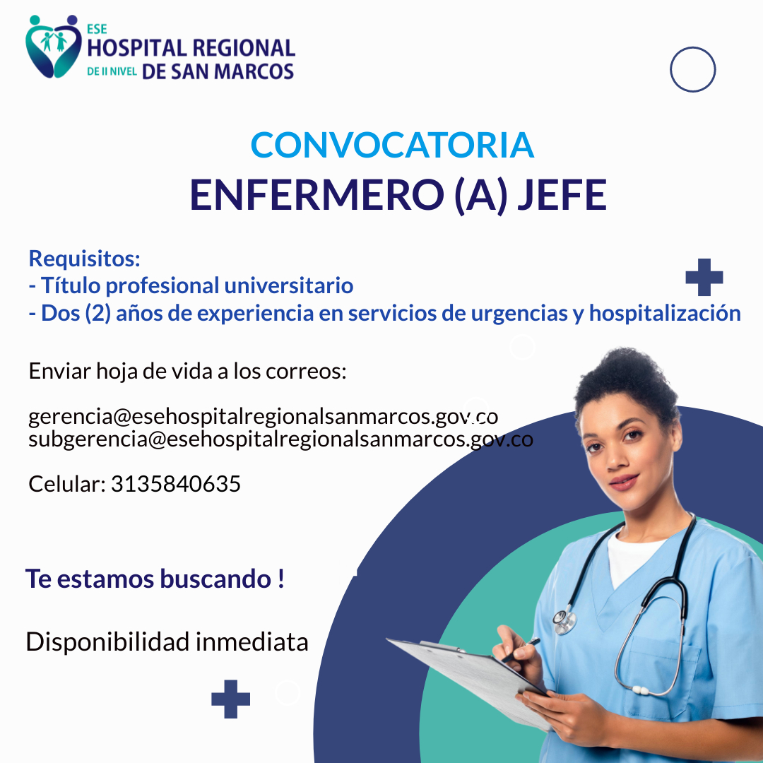 HospSanMarcos's tweet photo. Convocatoria Enfermero (a) Jefe. https://t.co/WIiphQ9cGK