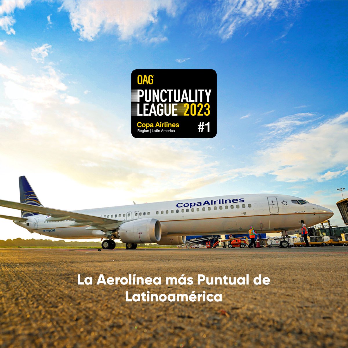 CopaAirlines's tweet photo. Hemos sido nombrados como la "aerolínea más puntual de Latinoamérica"✈️ por la @OAG_Aviation. 
Gracias por este reconocimiento, que es un orgullo para todo nuestro #CopaTeam💙.
#CopaAirlines https://t.co/Cloh63XN2i