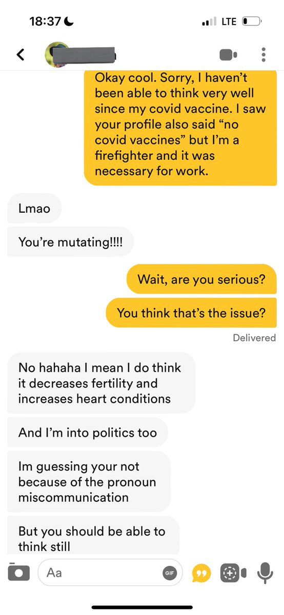 We’ve already been through the trans pronoun stuff and the covid vaccine stuff, I’m not sure how much longer she’s going to let me say goofy shit and not unmatch me - she’s updated her profile 3 times now 😅🙃
