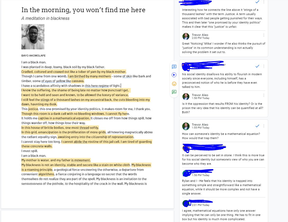 Finally holding curricular space to #TeachLivingPoets through #socialannotation! Today, I introduced my Ss to one of my current favorites: @BayoAkomolafe. His work problematizes static notions of race/identity in powerful and playful ways. Pairs perfectly with Larsen's 'Passing.'