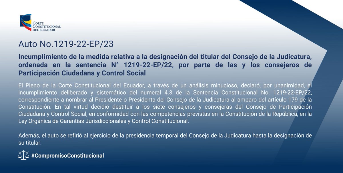#BoletínCC | La Corte Constitucional del Ecuador emite Auto No. 1219-22-EP/23 respecto del incumplimiento de la medida relativa a la designación del titular del Consejo de la Judicatura, ordenada en la sentencia 1219-22-EP/22.