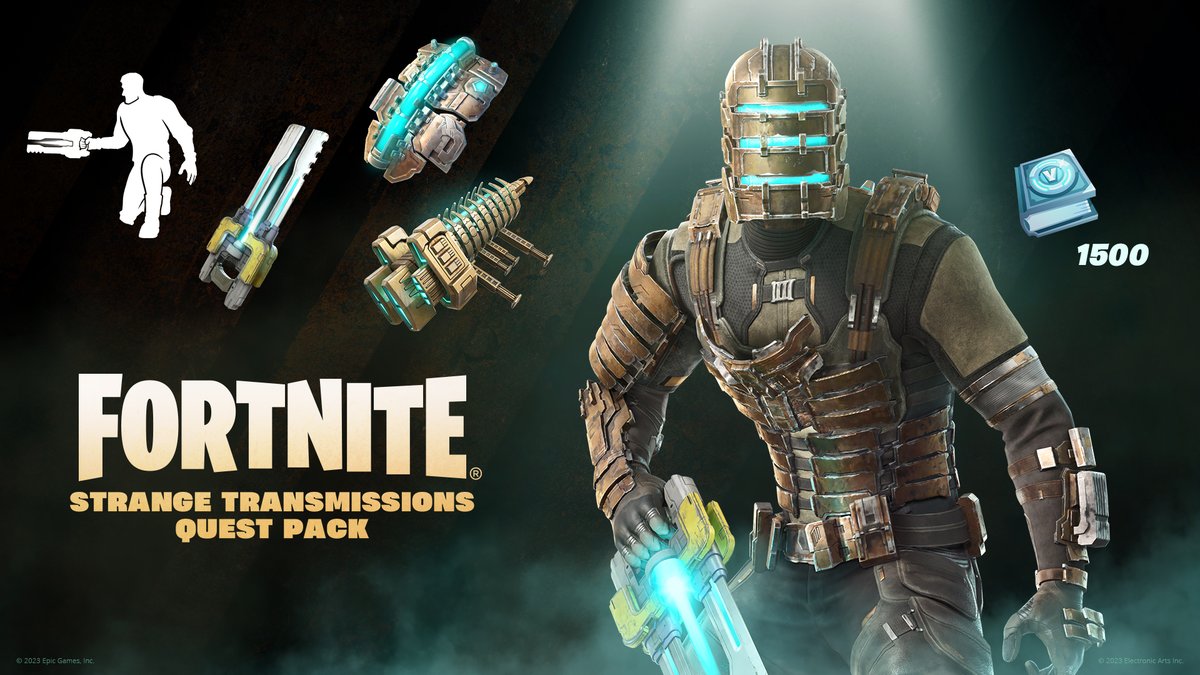 'Make us whole again Isaac...' Grab the Strange Transmissions Quest Pack now which includes: -Isaac Clarke Outfit 🚀 -Two Back Blings and a Pickaxe ⛏️ -Quests to earn up to 1,500 V-Bucks 🎉 More info: fn.gg/StrangeTransmi…