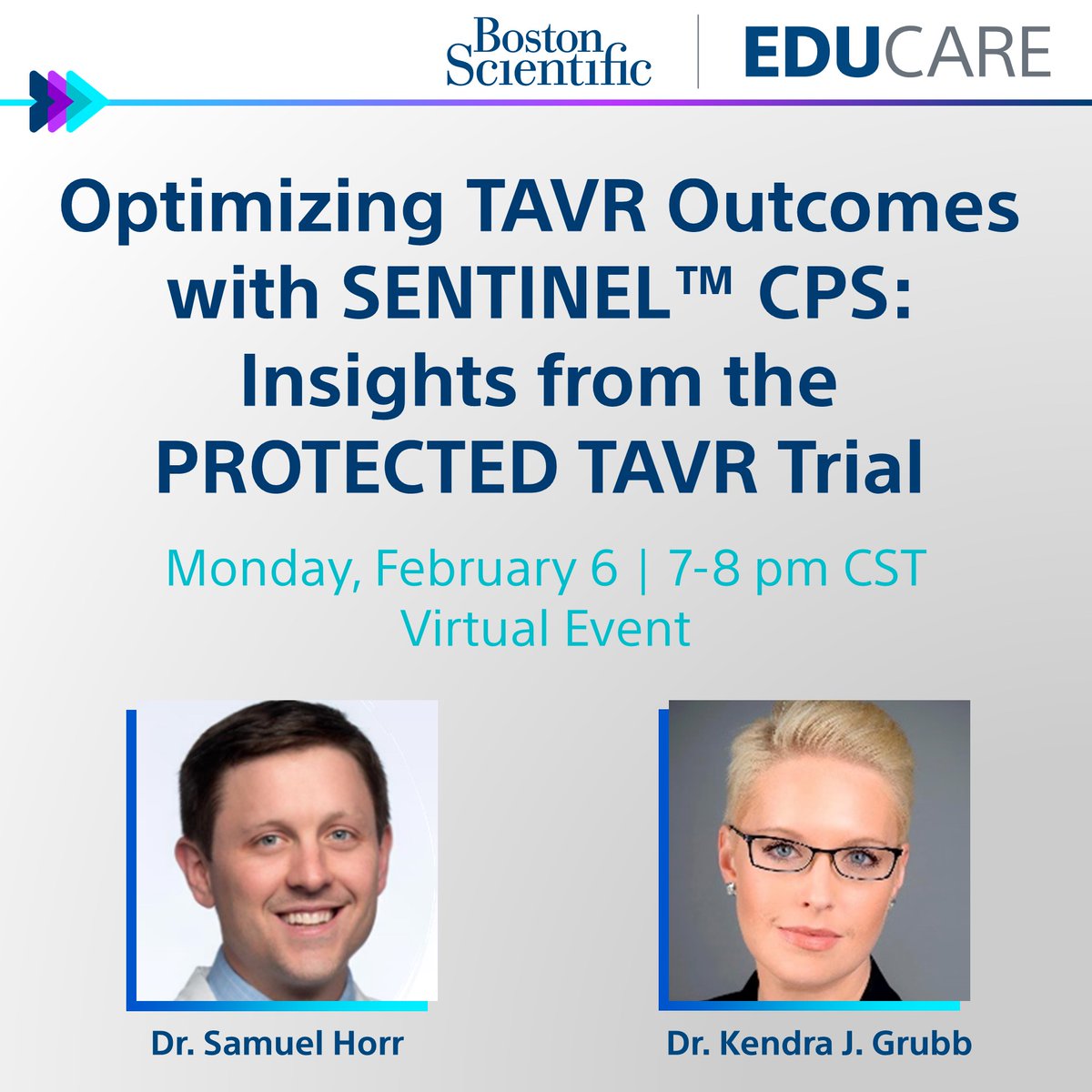 BSCCardiology's tweet photo. You’re invited! Join us for a #PROTECTEDTAVR webinar on Monday, February 6, 7-8 pm CST. Drs. @SamHorrMD and @KendraGrubb will discuss stroke in #TAVR, the role and future of cerebral protection, and case examples. 

Register today ➡ https://t.co/cWYQGu9hk5 https://t.co/l0gbTEDuTn