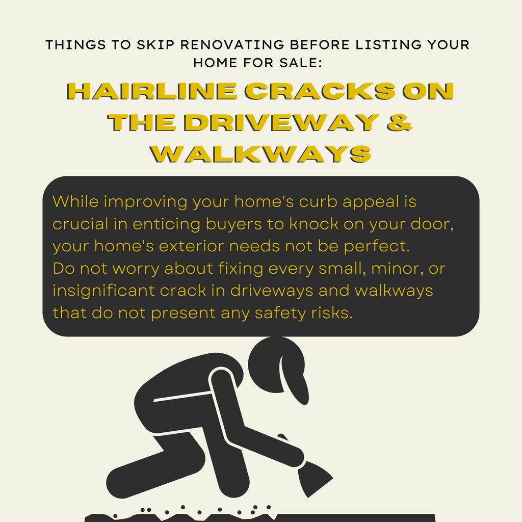 NealEstateGroup's tweet image. Only spend the money on fixing these cracks if they are hazardous for driving or walking. ⚒⚠️

#homelistings #homelistingtips #listingspecialist #homesellersguide #homesellerstips #homesellers #homesellersresource #renovationtime #renovationtips #realtorsofig