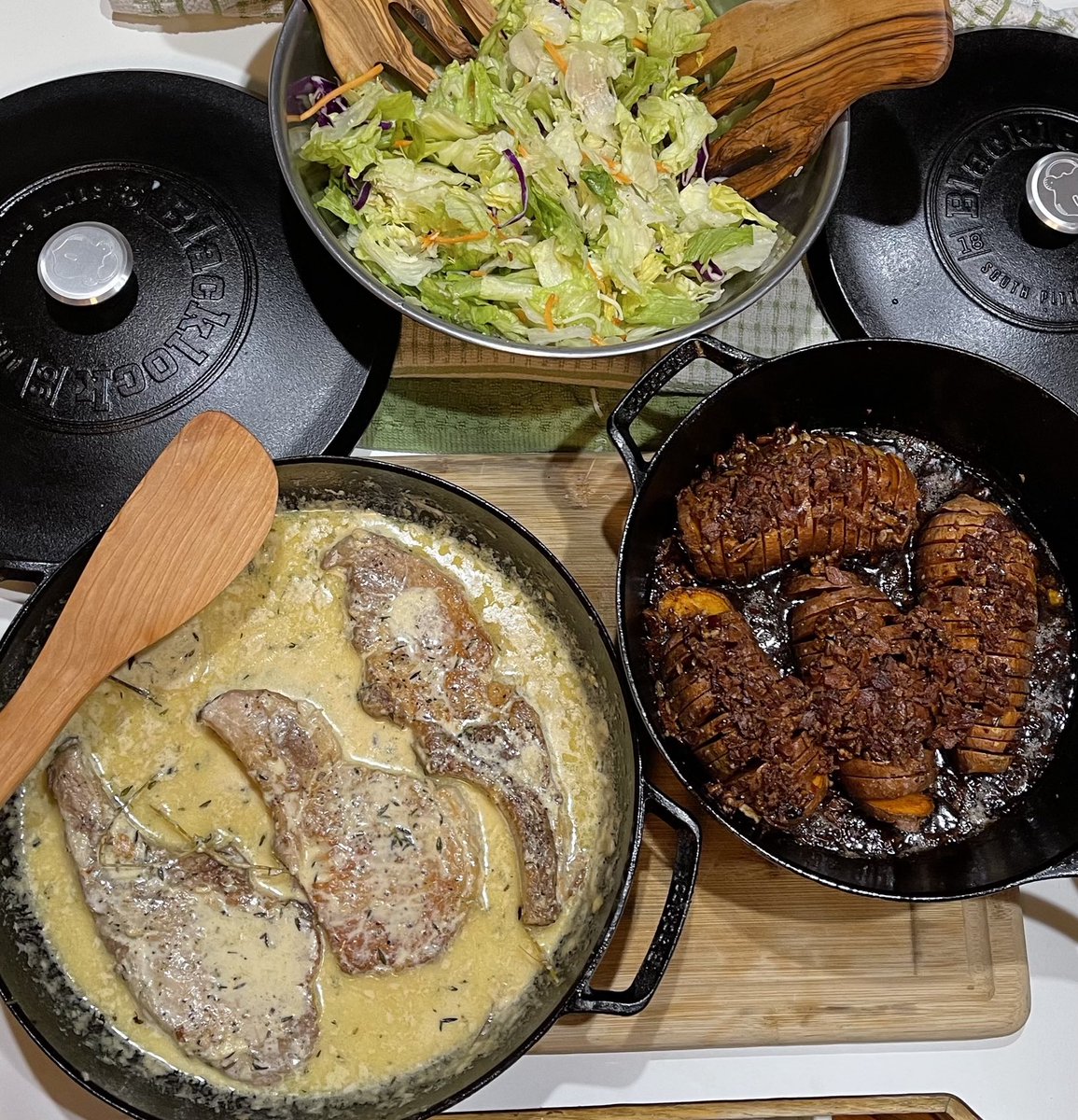 OTD_Colonel's tweet image. Milk-Braised Pork Chops in my new #Blacklock *17* 4 Quart Braiser, Maple-Bacon Hasselback Sweet Potatoes in Blacklock Deep Skillet and store bought salad. Yum. Recipes from ⁦@LodgeCastIron⁩ website. #castironcooking
