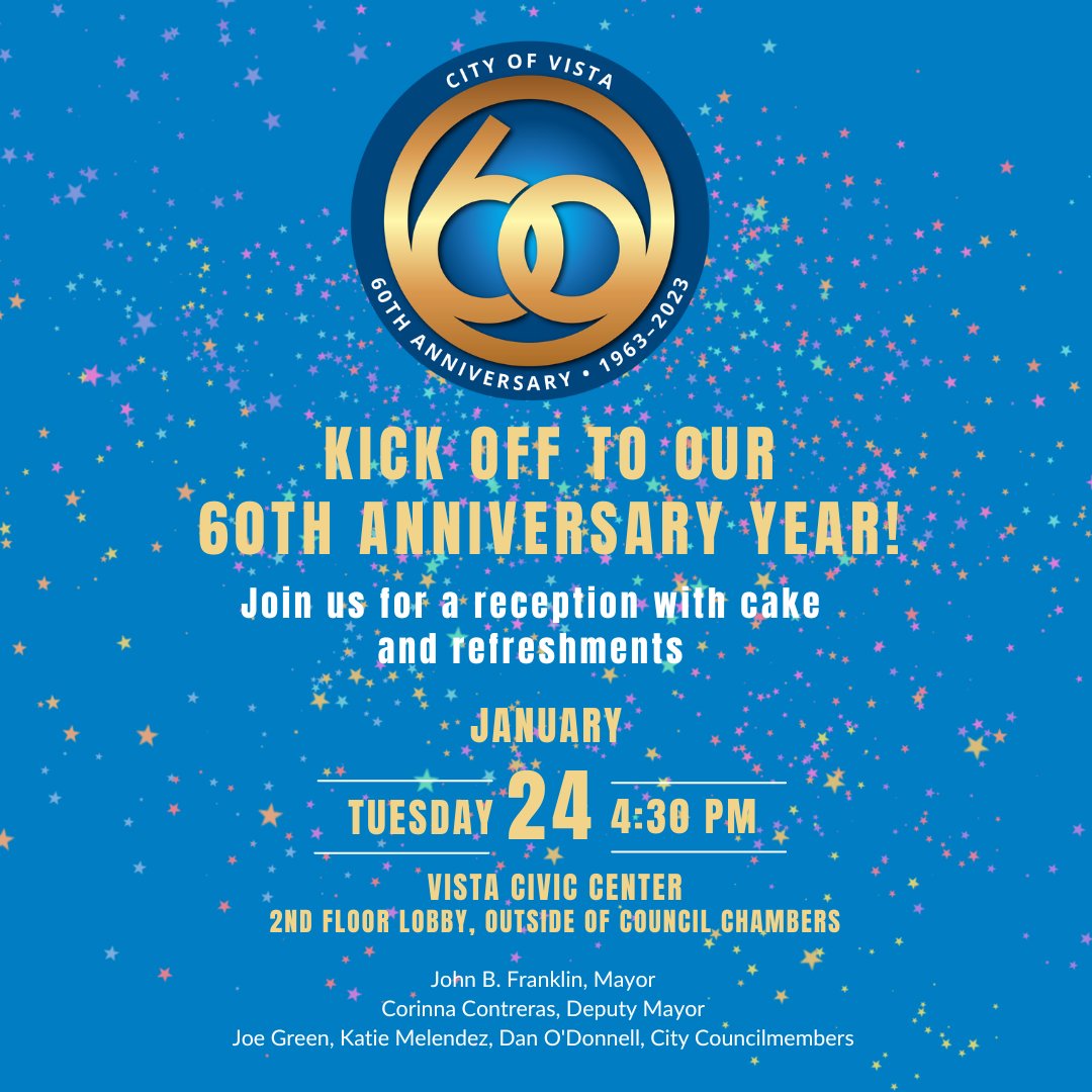 The City of Vista is celebrating its 60th Anniversary this year!

Join them for a reception with cake and refreshments this Tuesday, January 24, from 4:30-5:30 p.m. The reception precedes that evening’s City Council meeting, which starts at 5:30 p.m.