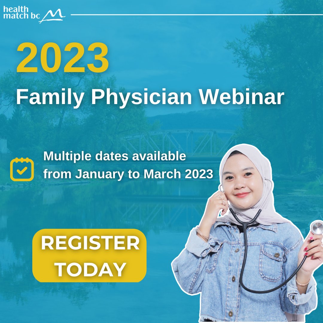 Our first webinar of 2023 is coming soon, on January 25, 2023, at 10 AM PST. If you want to live and work in British Columbia as a family physician, don’t miss this virtual event!

Register today: ow.ly/Svf450Mysn8

#Webinar #HealthMatchBC #FamilyPhysicians #FamilyPhysician