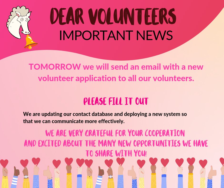 To our current volunteers: keep an eye on your emails tomorrow! We're updating our volunteer application, and we need your help to update your information.