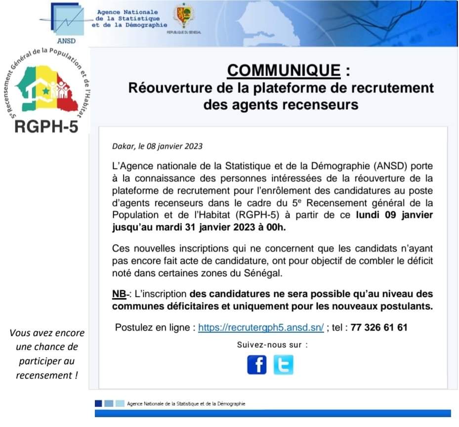 Mamadou44272273's tweet photo. Chers collègues,  merci de partager avec les jeunes de vos localités. L'ANSD compte recruter 32,500 agents censeurs pour le Recensement Général de la Population et de l'Habitat 2023
@Macky_Sall @Macky_Sall @BBYSenegal @PR_Senegal #kebetu #senegal https://t.co/Z18PGw0VQx