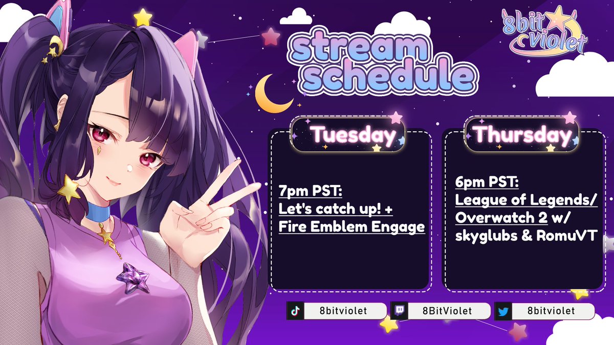 I am coming back this week💜
Let's catch up on Tuesday and start playing Fire Emblem Engage (hopefully it arrives in the mail on time). I want to hear from all of you!
Thursday, we're playing League and/or OW2 with <a href="/skyglubs/">Sky ⛅ Magical Girl Vtuber ☀️ OFFKAI 🛫</a> &amp; @RomuVT_ !! See you all soon 🌟