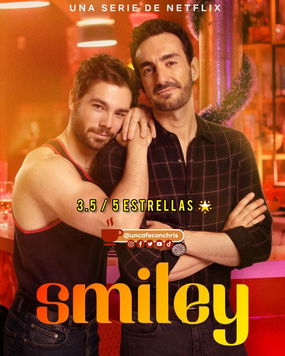 Calificación: 3 / 5 estrellas 🌟 
#Smiley es una #comediaromantica gay de #Netflix, basada en la obra de teatro del dramaturgo #GuillemClua, de ocho episodios de unos 35 minutos de duración cada uno.