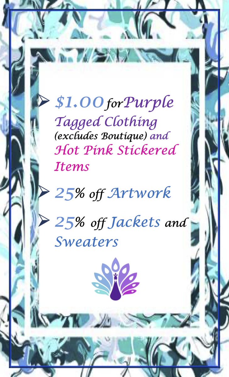 ALCVThriftShop's tweet photo. ❇️ Bargain Box Thrift Store Specials 1/24-1/28
❇️ Open Tuesday thru Saturday, 1-4pm

$1.00 for Purple Tagged Clothing (excludes Boutique) &amp; Hot Pink Stickered Items
2️⃣5️⃣% off Jackets &amp; Sweaters
2️⃣5️⃣% off Artwork

#localthriftstore https://t.co/BOAjxaaVAZ