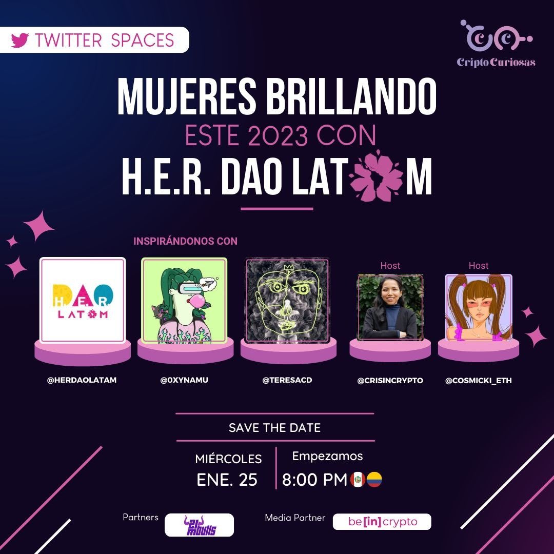 ✨#MujeresBrillando✨

😍 Conoce todo lo que se viene para la gran comunidad de <a href="/herdaolatam/">H.E.R. DAO LATAM 💜</a> 💖

🌟Descubre el #impacto que están generando en #Latam, los próximos #eventos que se vienen, más algunas sorpresas 🥳

🙋🏻‍♀️ Acompáñanos con tu🥤favorita este miércoles 25 🥰

#WagmiLatam