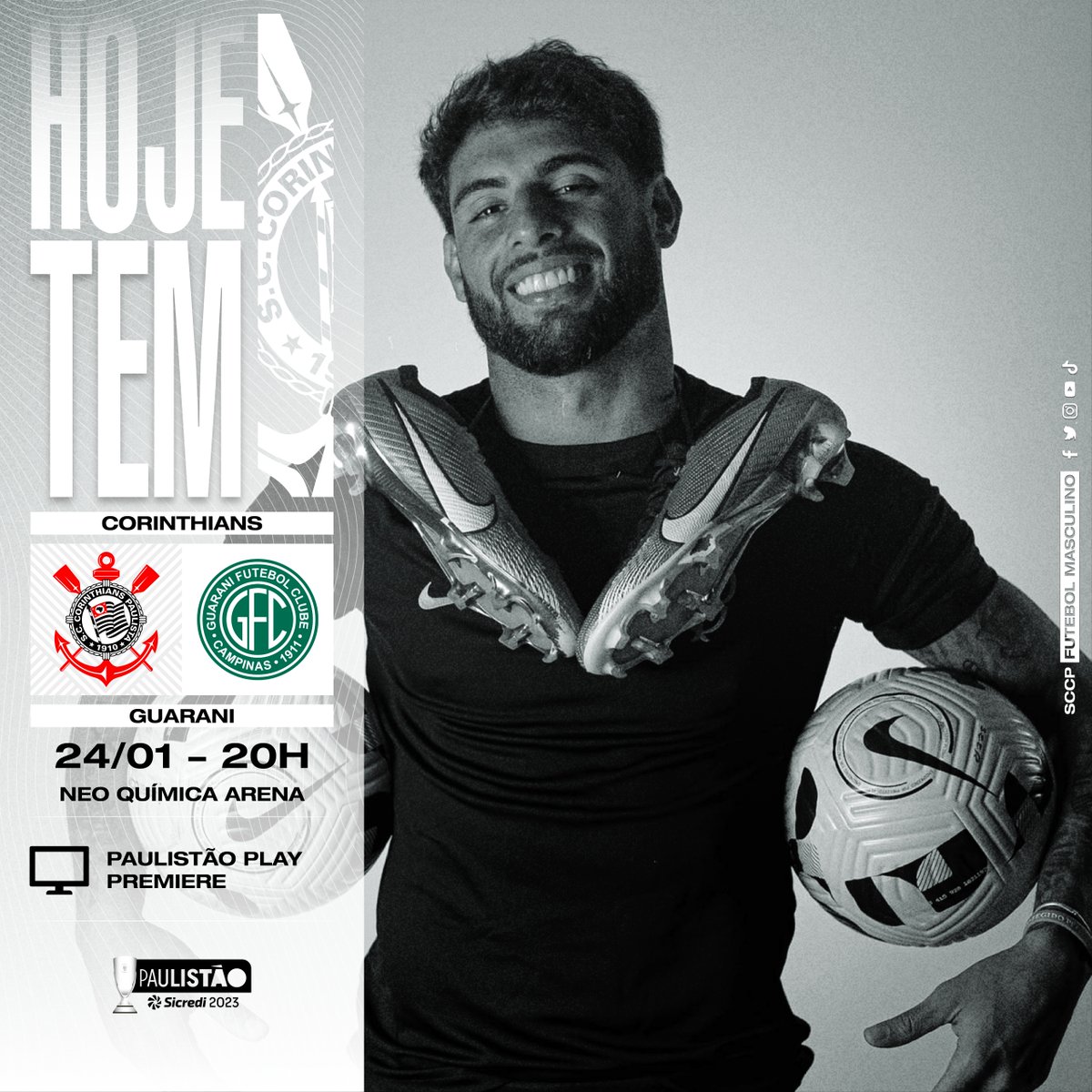 Corinthians's tweet image. HOJE É #DIADECORINTHIANS PELO PAULISTÃO! 🖤

🎶 Tem que ter respeito... 🎶

⚽ Corinthians x Guarani
🏆 @paulistao (4ª rodada)
⏰ 20h (horário de Brasília)
🏟 Neo Química Arena
📺 Paulistão Play e Premiere

#SCCPxGUA
#VaiCorinthians