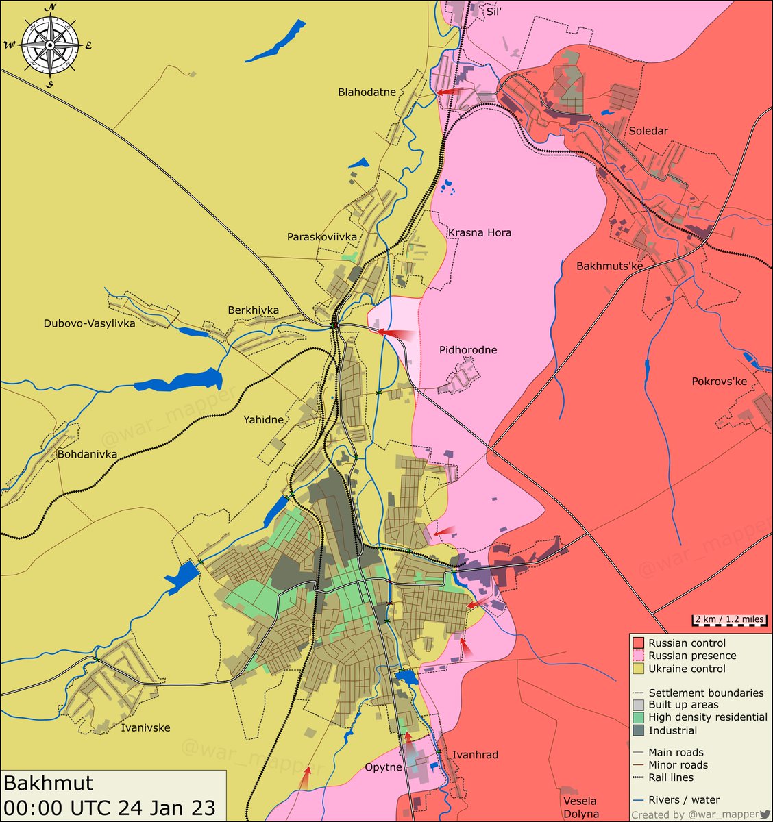 A close-up map of the approximate situation around the city of Bakhmut ...