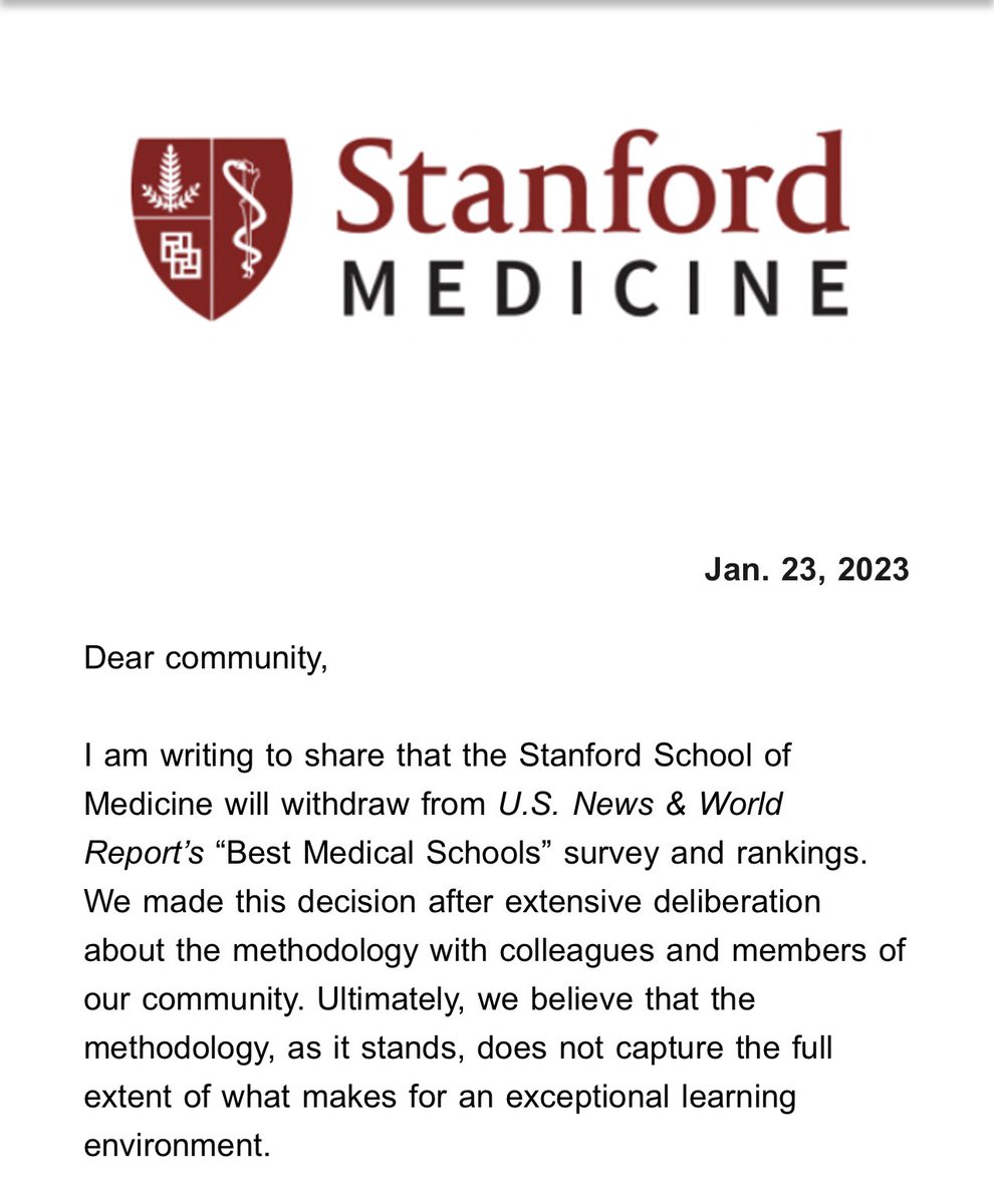 Bright MD MSš (@brightzhou) on Twitter photo Applauding <a href="/StanfordMed/">Stanford Medicine</a>ās decision to withdraw from <a href="/usnews/">U.S. News & World Report</a> āBest Medical Schoolsā annual survey.
Recognizing the privilege we hold at āeliteā institutions to even afford withdrawing from this list.
But making small steps to democratizing ed and dismantling ivory towers. Applauding <a href="/StanfordMed/">Stanford Medicine</a>ās decision to withdraw from <a href="/usnews/">U.S. News & World Report</a> āBest Medical Schoolsā annual survey.
Recognizing the privilege we hold at āeliteā institutions to even afford withdrawing from this list.
But making small steps to democratizing ed and dismantling ivory towers.