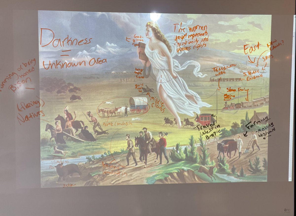 abigail5houston's tweet photo. We analyzed a painting by folding it into 4 squares &amp; studied each one. We thought about how it related to our study of US history &amp; the term manifest destiny. After, I paired up students to make them the experts of one square &amp; we shared our thoughts. #MVReEnergized @MV_Knights https://t.co/w1iQ8AwTJJ