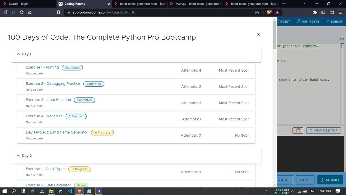PVasipandi's tweet photo. I started my 100 days 100 project coding challenge bootcamp udemy course
#dat1
This is my day 1 project simple band name generator succusfully completed
#angelayu
#100days100projectchallenge
#100daysofcodechallenge
#100DaysOfCode
#coding https://t.co/Bz1C1cm8ER