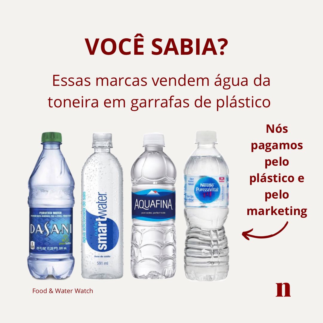 MercadoNovva's tweet photo. Um estudo de realizado pela Food &amp; Water Watch descobriu que empresas privada retiram 64% de sua água engarrafada de fontes municipais de água encanada, assim pagamos pelo plástico que consumimos e pelo marketing. 
Você consome alguma dessas marcas? Consome garrafas plásticas? https://t.co/iXeyhrNa11