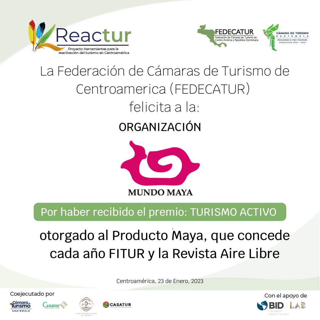 #Fedecatur felicita a la Organización Mundo Maya por haber recibido el premio: TURISMO ACTIVO, otorgado al Producto Maya, que concede cada año #FITUR y la Revista Aire Libre
#REACTUR #Reactivación #turismo #Centroamérica #FITUR2023 #BIDLab #GuatemalaAsombrosaeimparable