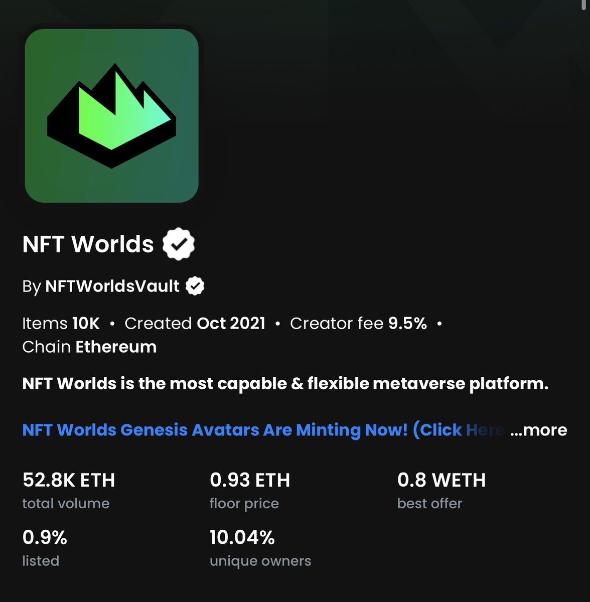 linkedflan's tweet image. 0.9% listed 
0.9 floor 
@tryMetaFab building 
@nftworldsNFT game client coming 

= bullish 📈

$WRLD