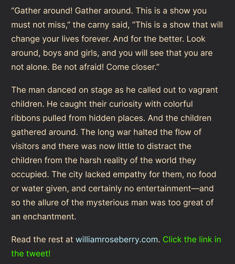 Flash Fiction #15 - In Love and War

Read the full story here: williamroseberry.com/l/rjRlrrVH

Posting #fantasy, #scifi, &amp; #horror daily at 6pm PST. Follow for more!

#Fantasy #HorrorFam #Reading #ReadingCommunity #WritingCommunity #Writing #LookMomIWrite