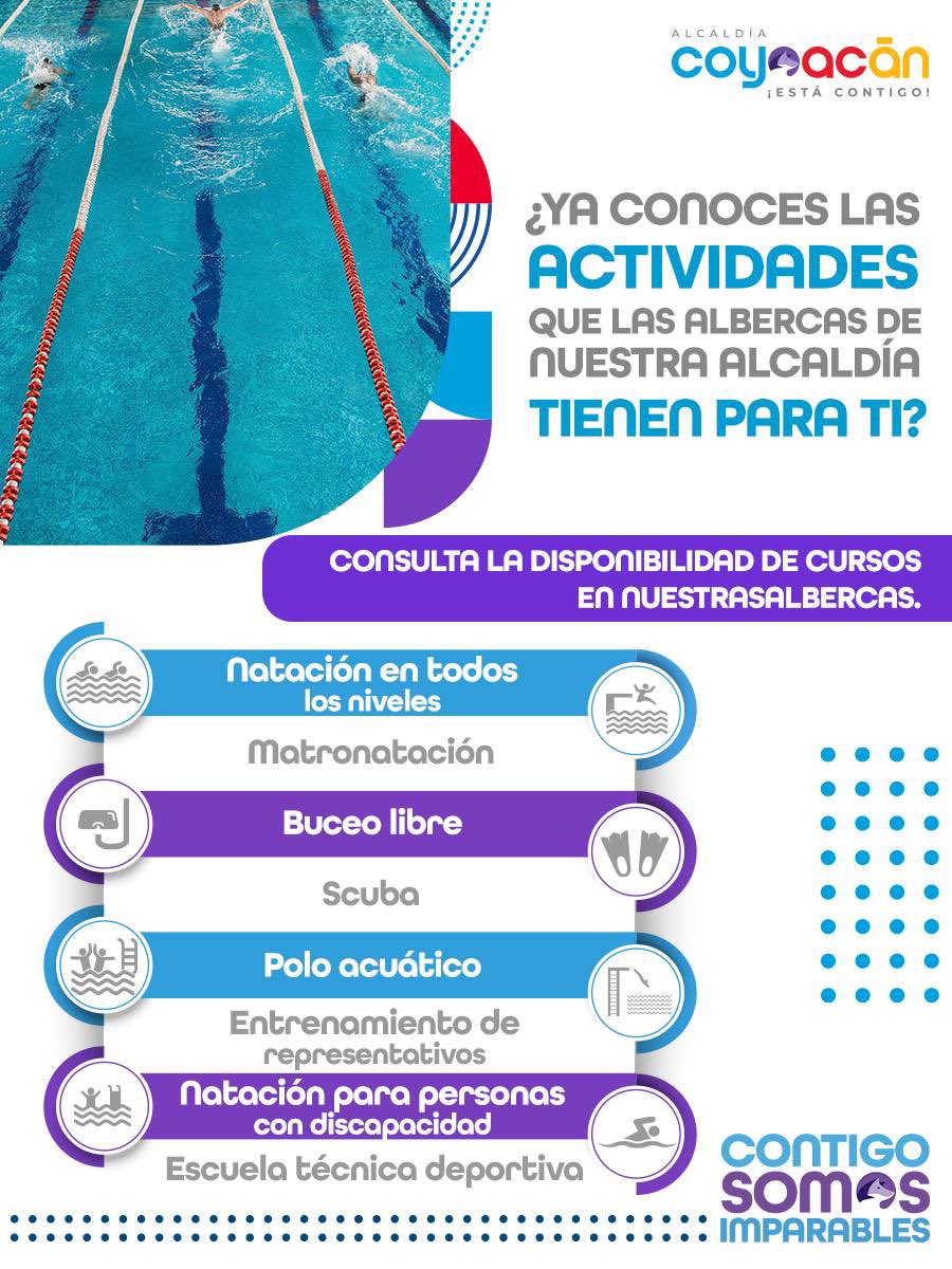 Alcaldia_Coy's tweet photo. Disfruta de las albercas que hemos rehabilitado para ti e inscríbete a tu clase favorita. 🤩 ✨

#ContigoSomosImparables https://t.co/q6wrBim6X4