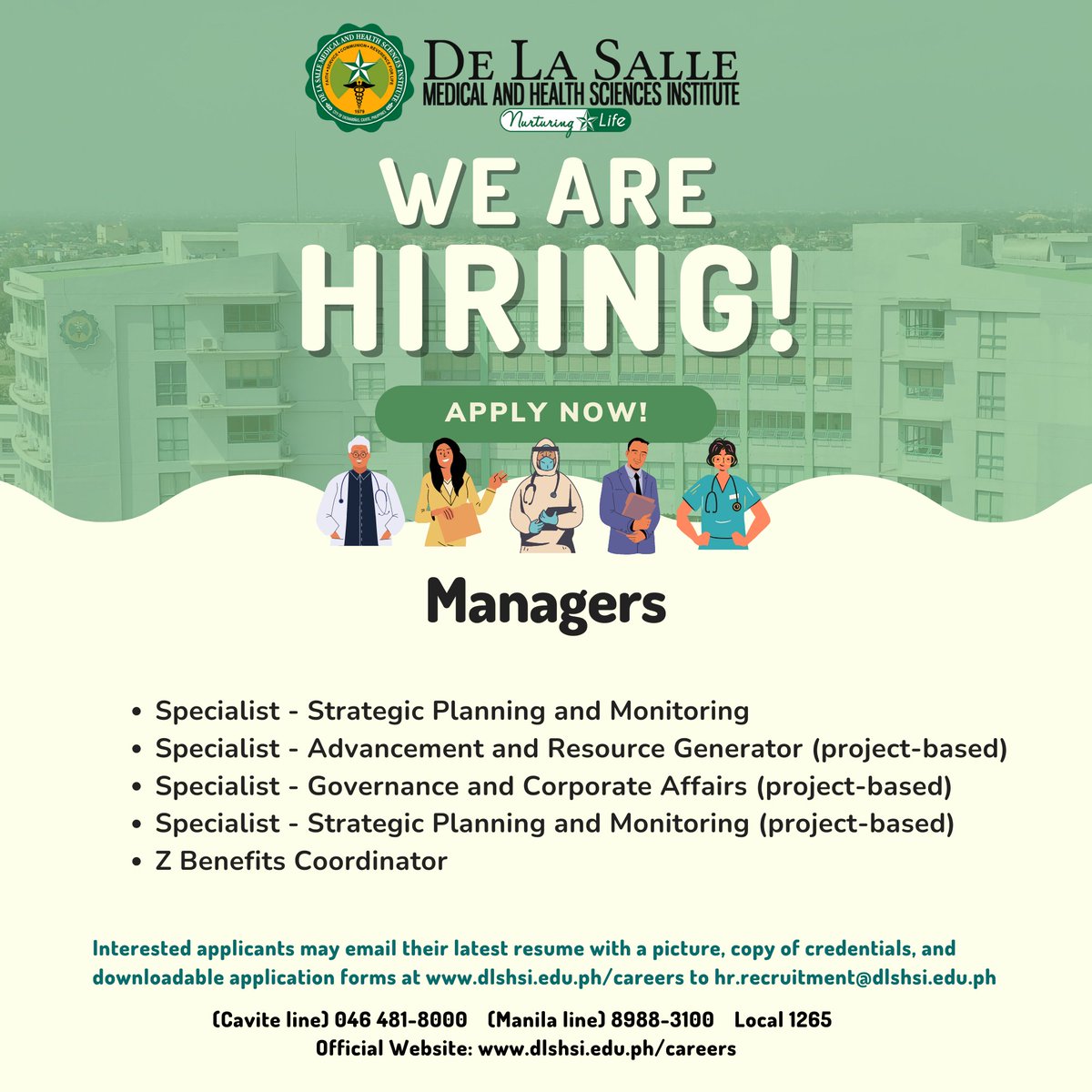 DLSMHSIOfficial's tweet photo. Join our nurturing Lasallian community here at DLSMHSI/DLSUMC!

Interested applicants may email their latest resume with a picture, copy of credentials, and downloadable application forms at https://t.co/06Y8RSxuGP to hr.recruitment@dlshsi.edu.ph. https://t.co/UBBsp8qmuq