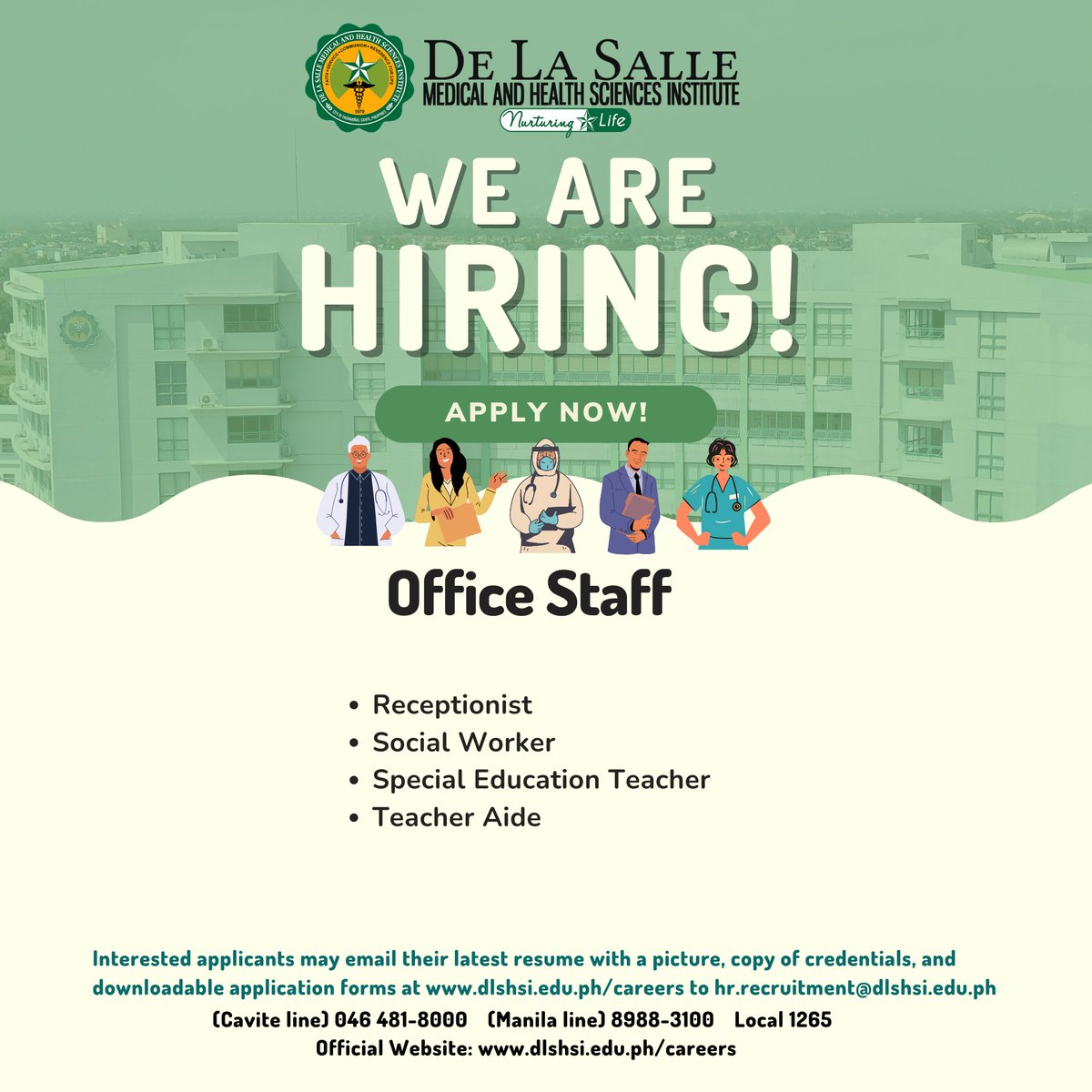 DLSMHSIOfficial's tweet photo. Join our nurturing Lasallian community here at DLSMHSI/DLSUMC!

Interested applicants may email their latest resume with a picture, copy of credentials, and downloadable application forms at https://t.co/06Y8RSxuGP to hr.recruitment@dlshsi.edu.ph. https://t.co/YD51Y1OX7q