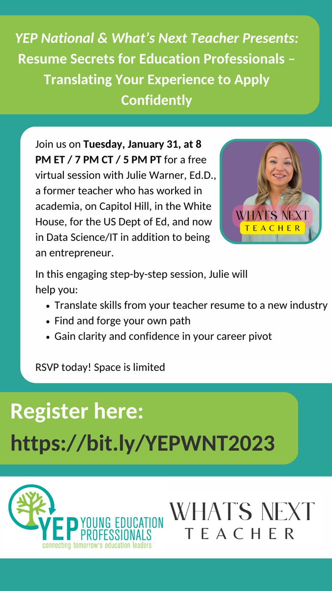 YEPnational's tweet photo. Are you a #teacher looking to translate your experiences in the classroom to a new industry? YEP National is proud to partner with Julie Warner, Ed.D from What’s Next Teacher on a free workshop next Tues, Jan 31 at 8pm ET! RSVP here: https://t.co/6eakhDsIHB https://t.co/j7rFPdD4YW