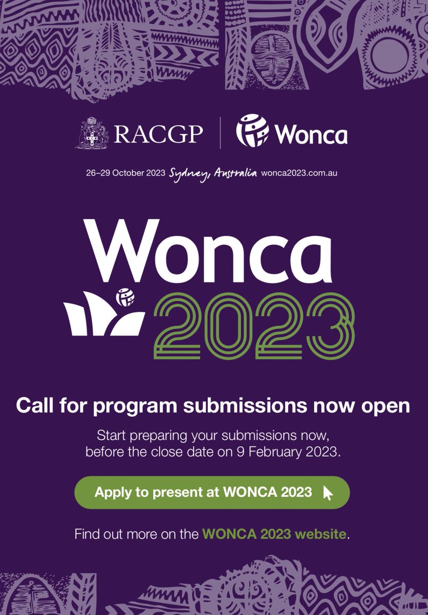 Adj Prof Karen Price, 20-22 RACGP Past Prez (@brookmanknight) on Twitter photo Submissions for med research on education, advocacy & policy.
Come to the gathering of the world's family physicians/GPs at the beautiful DarlingHarbour Sydney.
Submissions for abstracts/workshops close in just 2 weeks. Feb 9!
Be inspired!
Key note by <a href="/trishgreenhalgh/">Trisha Greenhalgh</a> Submissions for med research on education, advocacy & policy.
Come to the gathering of the world's family physicians/GPs at the beautiful DarlingHarbour Sydney.
Submissions for abstracts/workshops close in just 2 weeks. Feb 9!
Be inspired!
Key note by <a href="/trishgreenhalgh/">Trisha Greenhalgh</a>