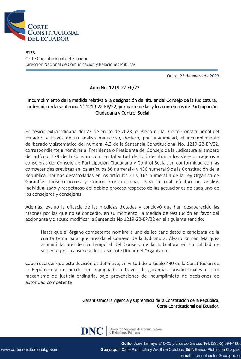 fabriciovelav's tweet photo. URGENTE: la @CorteConstEcu destituyó a los 7 consejeros principales del CPCCS. Los jueces, por unanimidad, declararon que el organismo incumplió la sentencia de septiembre pasado que les ordenó designar nuevo presidente del Consejo de la Judicatura. https://t.co/eTlUf8vH1g