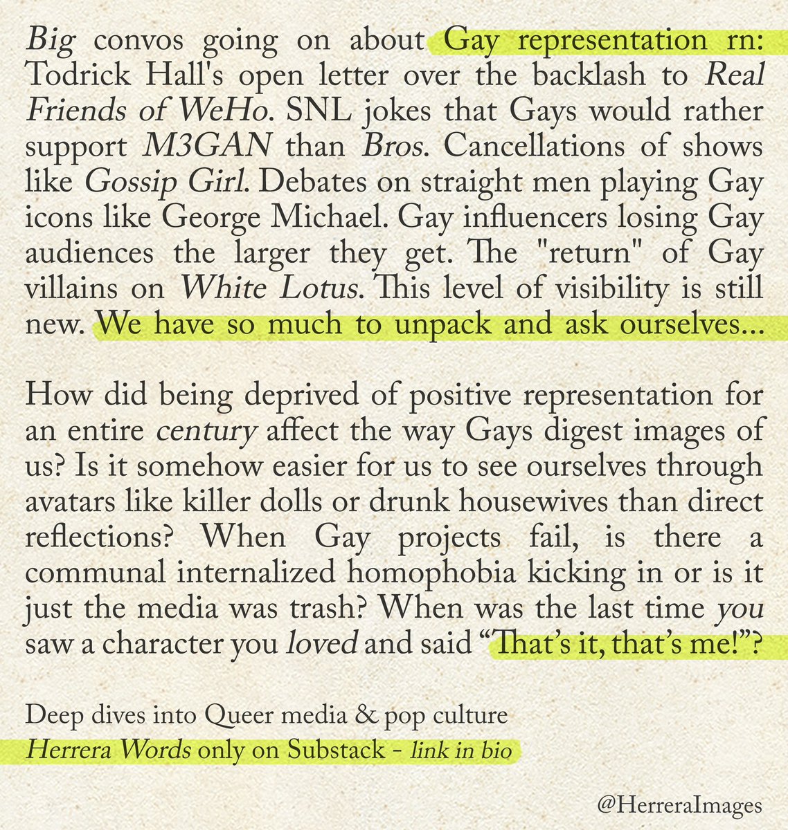herreraimages's tweet image. Let’s unpack our complicated relationship to Gay media…