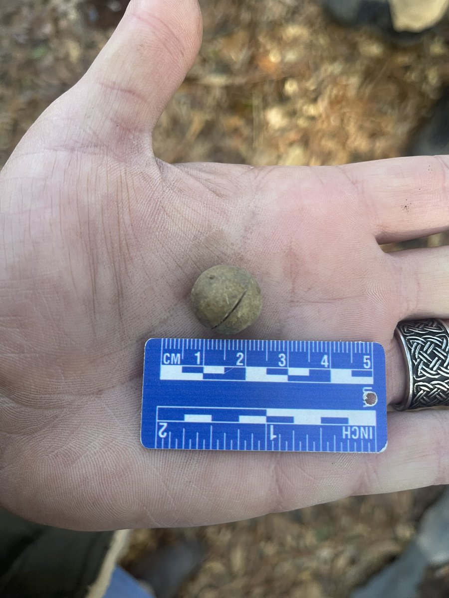 CampLawtonGSU's tweet photo. And a final amazing artifact from Gracie, Eli, and Chloey’s transect. Fired musket ball, almost certainly Confederate since it is cast (badly) in a gang mold
#USCivilWar #archaeology #fieldwork #conflictarchaeology #historicalarchaeology #archaeologyfieldwork #updatesfromthefield https://t.co/YQiBsPnKUh