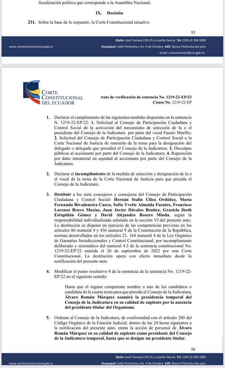 La ⁦<a href="/CorteConstEcu/">Corte Constitucional</a>⁩ destituye a los renuentes miembros del ⁦<a href="/CpccsEc/">Participa Ecuador</a>⁩ por nombrar al presidente del ⁦<a href="/CJudicaturaEc/">Consejo de la Judicatura</a>⁩. Estupenda decisión y precedente respecto de los omisos en cumplir fallos constitucionales.