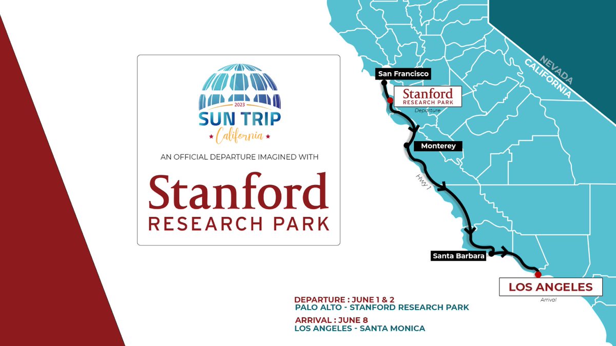 <a href="/SRPPaloAlto/">StanfordResearchPark</a> is pleased to host the kick-off Sun Trip California 2023 on June 1st and 2nd. 

View this 3-minute video of the 2022 ride and stay tuned for opportunities to meet <a href="/TheSunTrip/">The Sun Trip</a> 2023 participants and check-out their #solar powered bikes in June. youtu.be/s4hR0kd0kHw