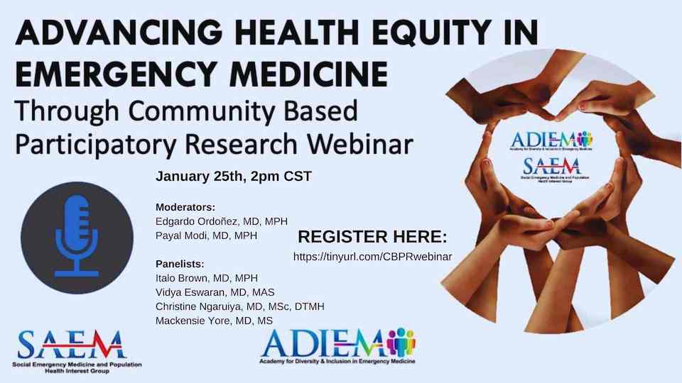 Join us from 2-3:30 PM CT on January 25, 2023, as our panelists share their experiences in fostering community partnerships to advance health equity. tinyurl.com/CBPRwebinar