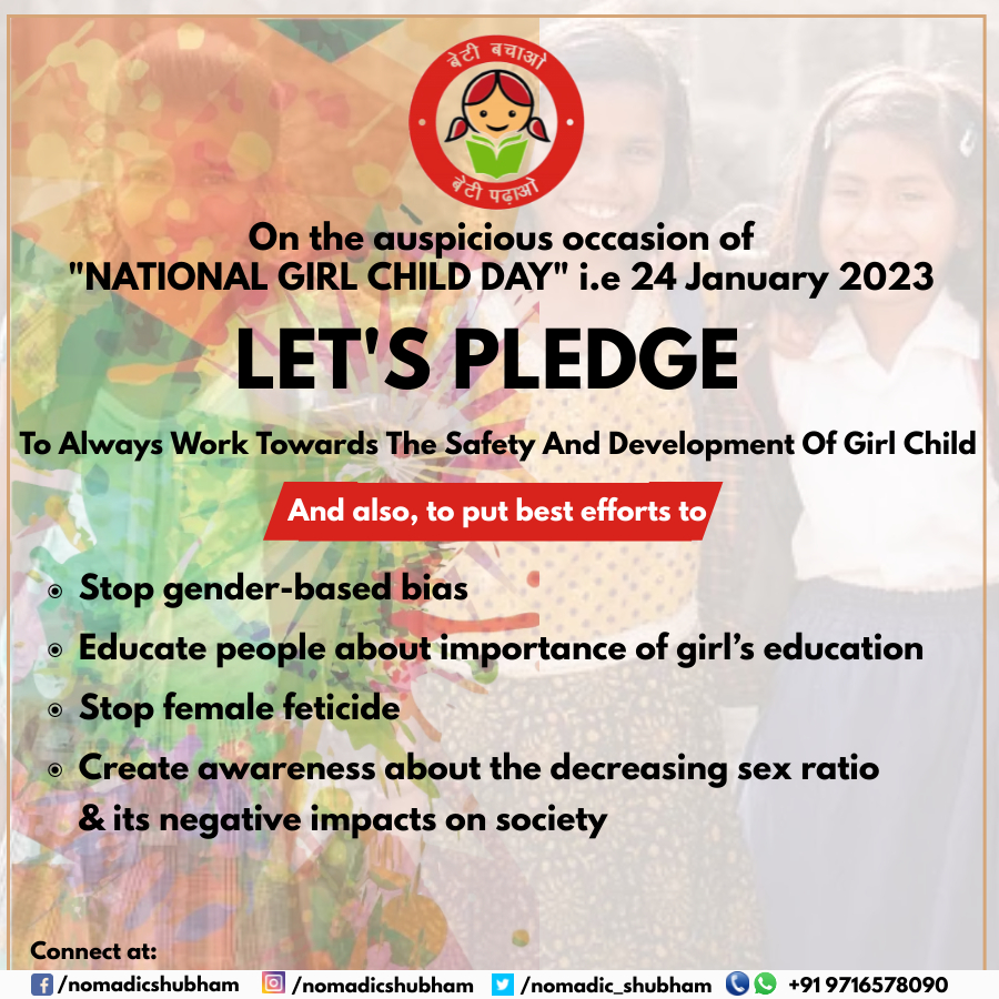 Nomadic_Shubham's tweet image. On the occasion of #NationalGirlChildDay 
#LetsPledge to work for the safety &amp;amp; development of #GirlChild #girl #savethegirlchild #educategirlchild #SelfDefenceTrainingForGirls #बेटी_बचाओ_बेटी_पढाओ #GirlChildSafety #girlchildmatters #GirlChildRights #InternationalDayofEducation