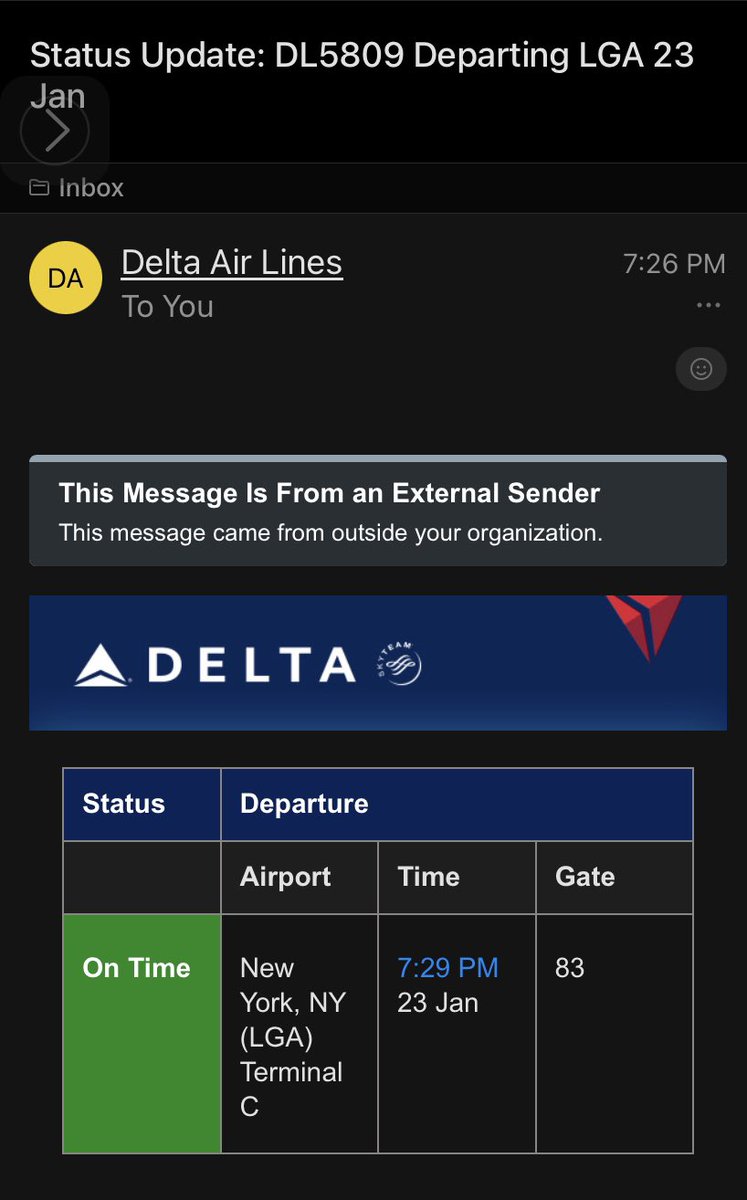 MKlausner's tweet photo. Sorry @Delta love you but you can’t send an email @ 7:26 pm saying the flights on time and boarding hasn’t started until 7:50 pm - finally taking off. https://t.co/9gbZSHhhIn