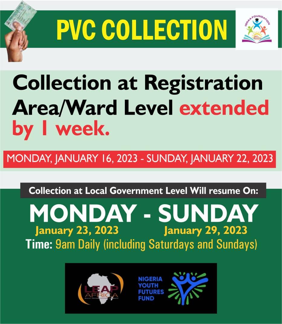 IQRAA_impact's tweet photo. PVC Collection ends on 29 January 2023.

Have you collected yours yet? You can send the name of your LGA and ward to 09062830860/09062830861 to locate your collection centre.

Share for reach

Naijayouthfund #NYFF #TheNigeriaWeWant MacArthur Foundation LEAP Africa Ford Foundation https://t.co/uoSOP34SxL