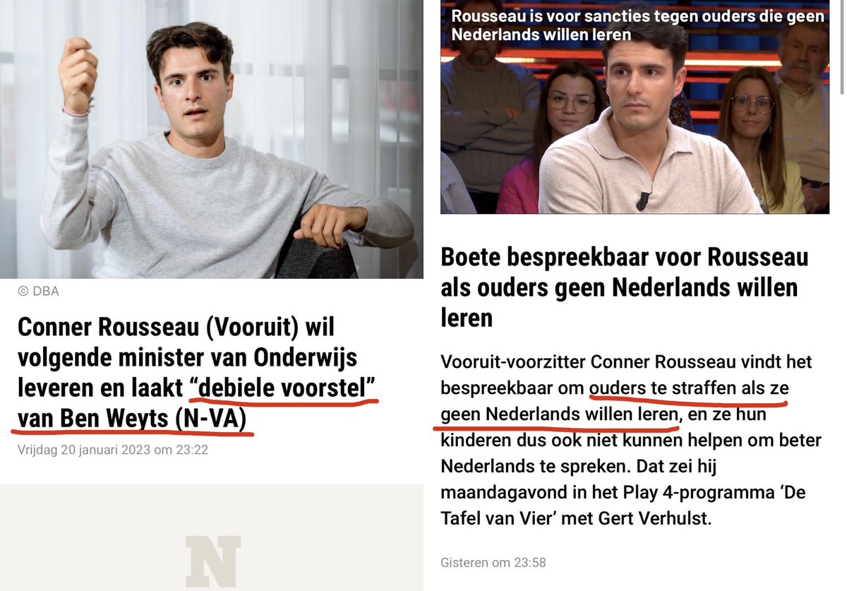 Het kampioenschap flipfloppen voor 2023 is reeds gewonnen door <a href="/conner_rousseau/">Conner Rousseau</a>.

<a href="/de_NVA/">N-VA</a> : “Een financiële stok achter de deur is nodig als ouders geen Nederlands willen leren.”

Conner vorige week:”Debiel voorstel.”

Conner deze week:”Boete bespreekbaar.”