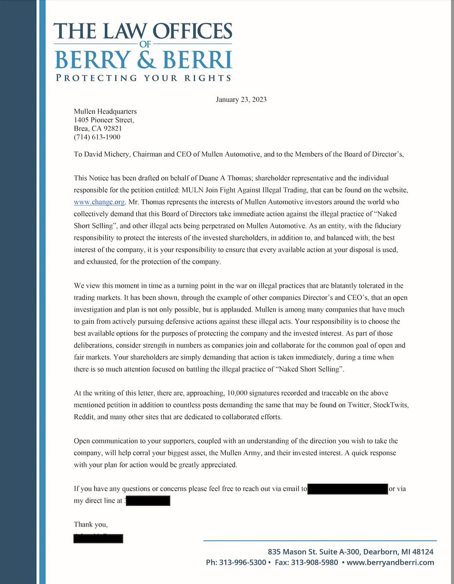 BoysPadre's tweet photo. Att: $MULN #MULN shareholders.   Due to recent events it is now time to present Mullen Automotive with the petition many of you signed.  It is my intention to deliver it personally to HQ tomorrow along with the attached letter. https://t.co/TCbou2jwgY