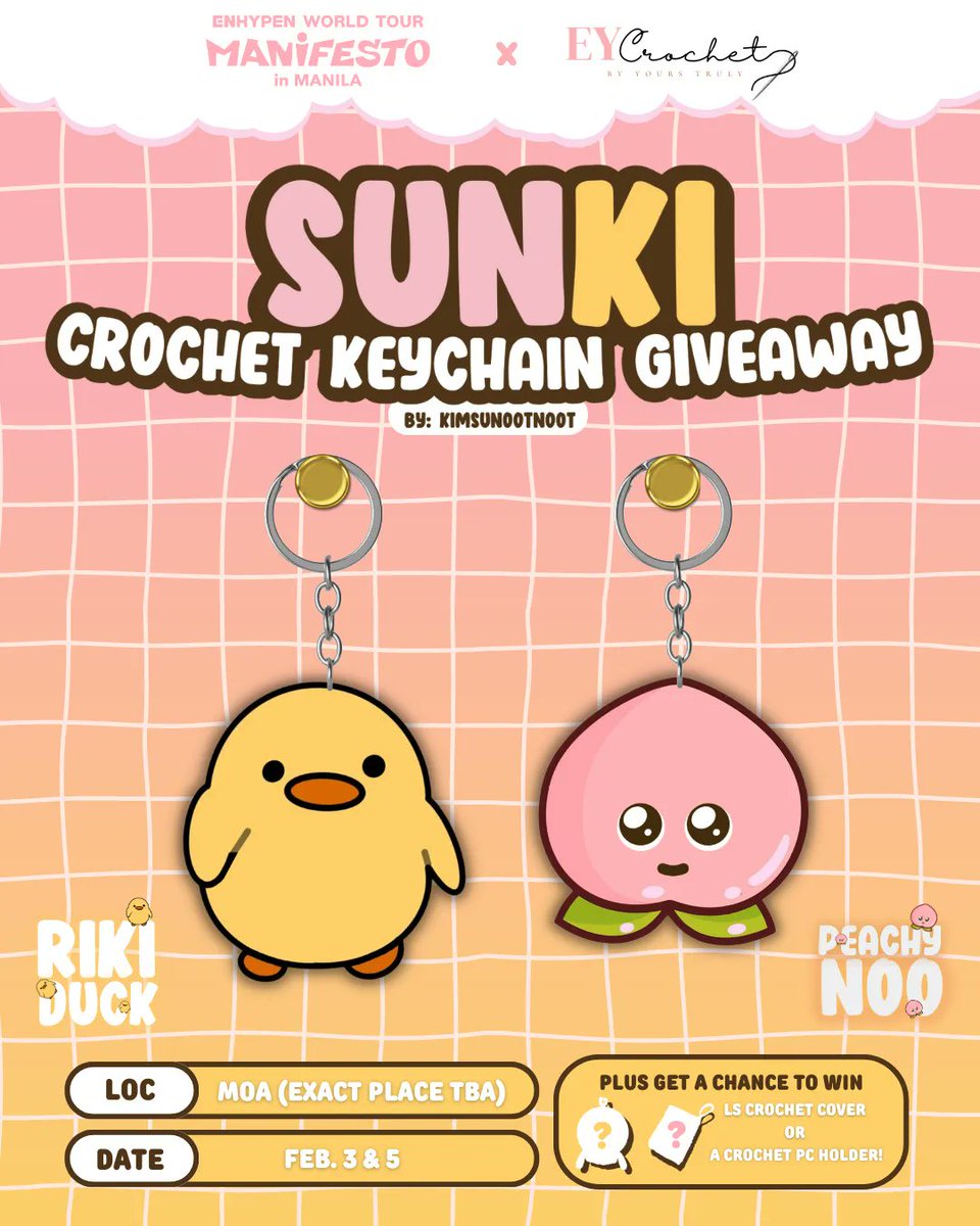 kimsunootnoot's tweet photo. 🐥🍑 ENHYPEN MANIFESTO IN MANILA FREEBIES by kimsunootnoot

Hi! I'm introducing Peachynoo and Rikiduck to be given away on Feb. 3 &amp; 5!
° Please read the mechanics below
° u can also get a chance to win crocheted ls cover and pc holder goodluck!
 
SEE U THERE!
#MANIFESTO_IN_MANILA https://t.co/w0H1nbx6xX