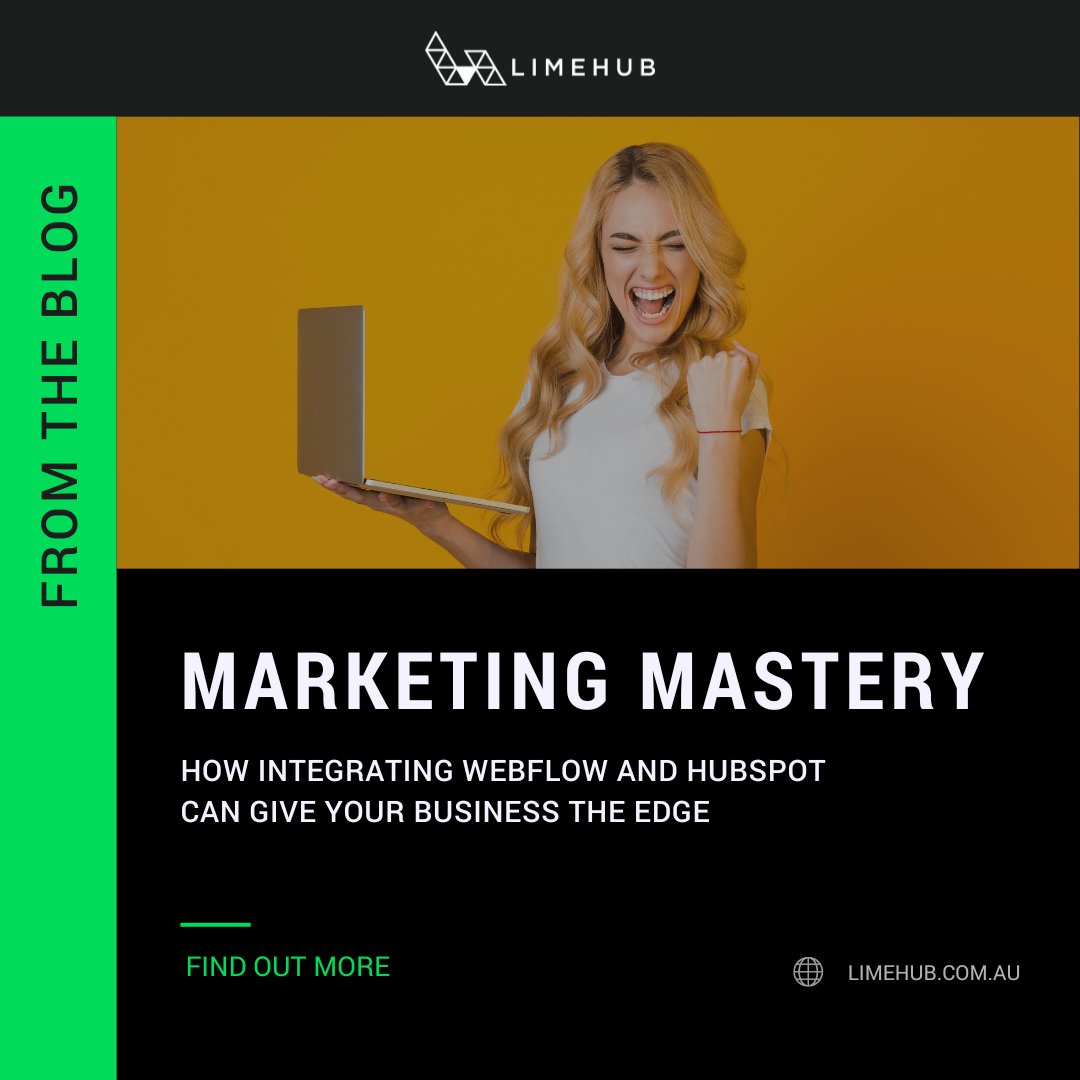 LimeHub's tweet photo. Want to take your marketing to the next level? 

Check out our latest blog on how integrating Webflow and HubSpot can benefit your business- from personalization to lead generation and campaign tracking.

https://t.co/a8YTQUlG38

#Webflow #HubSpot #marketingautomation https://t.co/qGyyyZUVcO